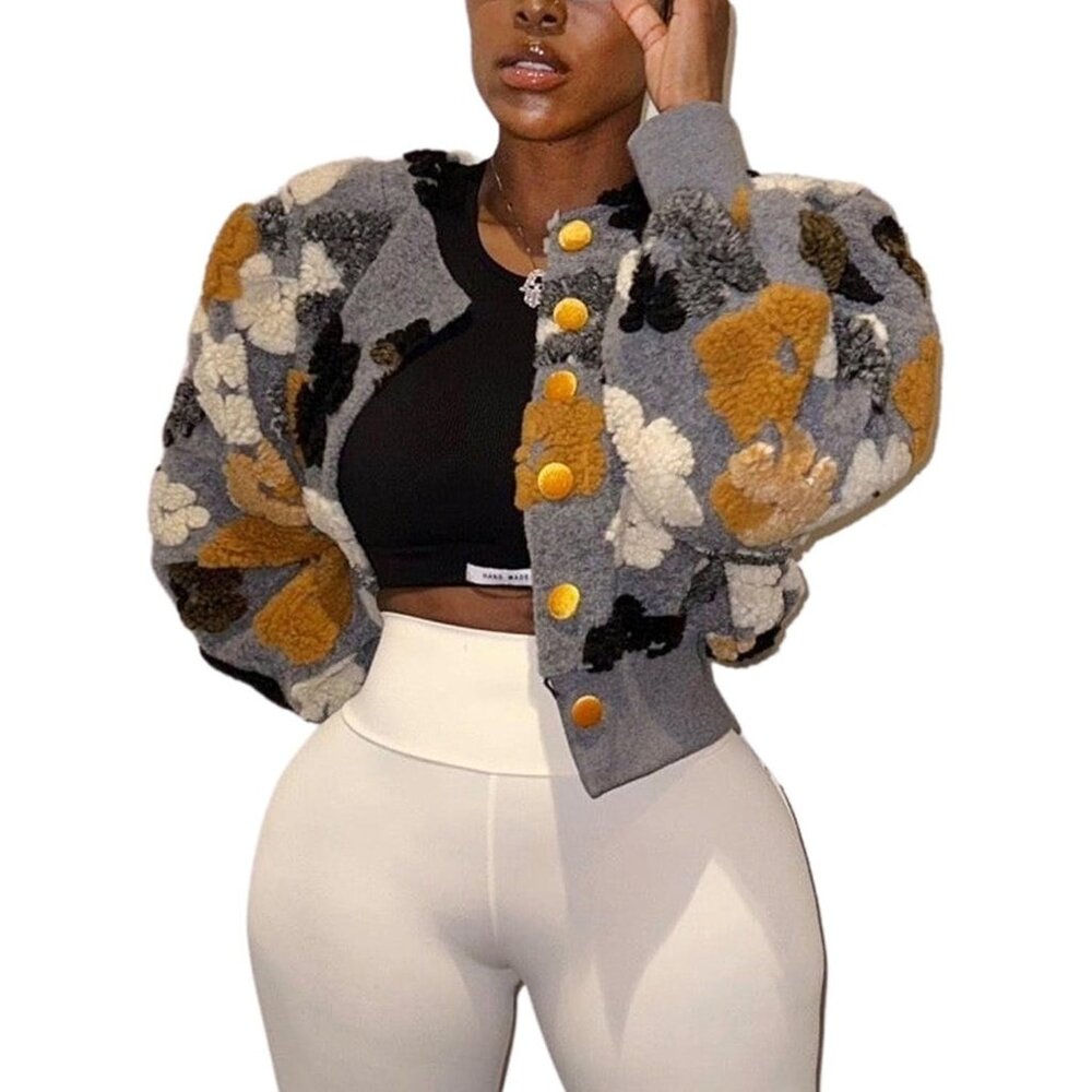 〽️Women's Grey Flygo Cropped Floral Print Bomber Warm Fleece Varsity Jacket